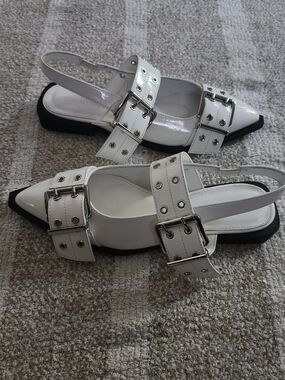 Greatonu White Pointed Slingback Flats with Silver Buckles